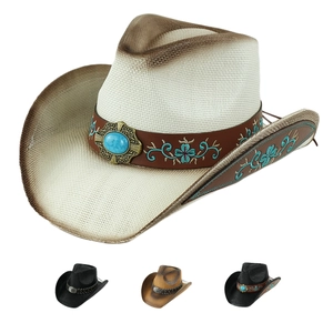 Cappello da cowboy in paglia con fascia in pelle ricamata e pietra turchese