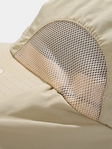 Detailed close-up showing breathable mesh panels on a khaki outdoor quick-dry sun hat