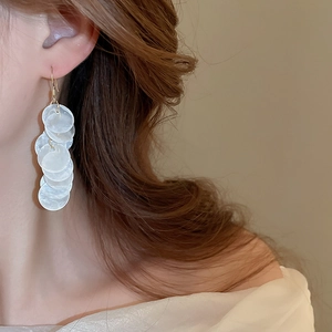 Detailed close-up of white shell sequin drop earrings on a model with elegant lighting
