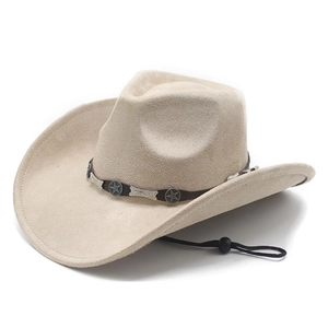 Beige faux suede cowboy hat with star-studded leather band and adjustable chin strap