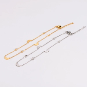 Minimalist stainless steel anklets with moon and round crystal charms in gold and silver