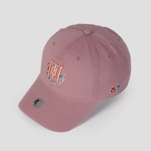 Close-up of lotus pink baseball cap with traditional Chinese embroidery and cloud patterns