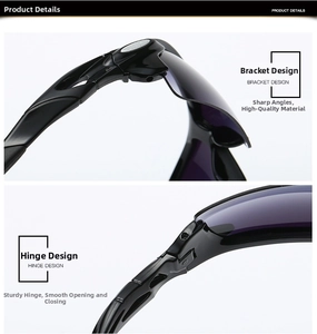 Detailed macro of the sturdy hinge and sleek black frame design of the sports sunglasses