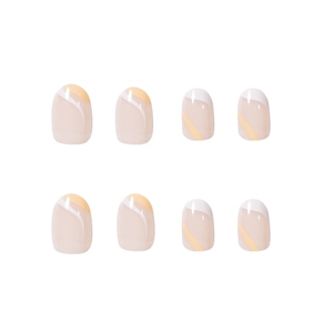 French style oval press-on nails with white and orange abstract geometric patterns