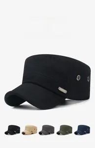 Detail view of cotton flat top cadet hat with metal eyelets and fashion plaque