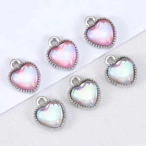 Pink and green gradient heart pendants with silver metal frames for DIY jewelry making