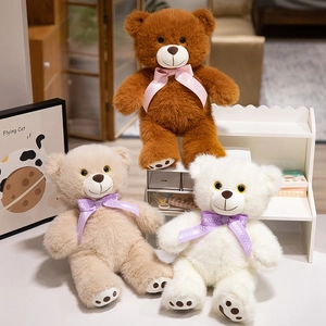 Teddy Bear Plush Toy Long Plush Soft Stuffed Animal With Polka Dot Bow Tie For Kids Gift Home Decoration