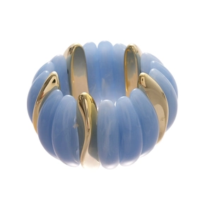 Elastic stretch bracelet featuring light blue acrylic beads and gold-toned metal charms