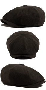 Three-angle view of a vintage solid color newsboy cap with classic eight-panel wool texture
