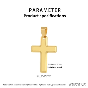 Detail view of a 32x22mm gold-plated stainless steel cross pendant weighing 6g