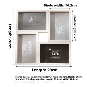 Detailed dimensions of 28x28x3cm for a white 4-slot 6-inch wooden collage photo frame