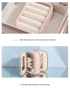Close-up of pink jewelry box featuring soft beaded velvet lining and a dual-layer design
