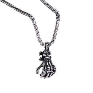 Silver skull hand pendant necklace in stainless steel with a sturdy box chain accessory