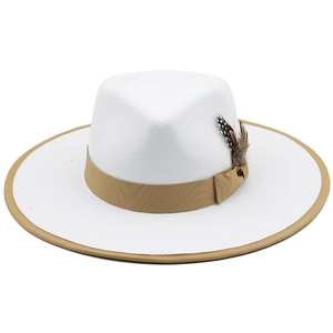 Classic white wool fedora hat with khaki ribbon and decorative feather detail