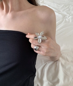 Detail view of a silver floral hollow ring and wide band ring worn on model fingers