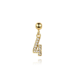 Detailed close-up of a gold-plated S925 silver earring featuring a sparkling number 4 pendant