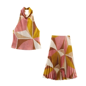 Haut Licou À Imprimé Géométrique Et Jupe Plissée En Satin Sans Manches Retro Boho Streetwear Pour Femmes