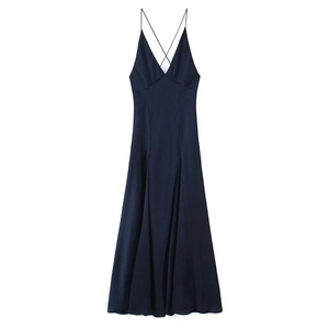 Sexy Satin Maxi Kleid Spaghettiträger V Ausschnitt Rückenfrei Ärmellos Elegant Urlaub Party Clubwear Für Damen