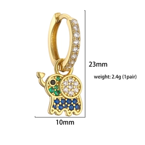 Detailed macro view of elephant earring with colorful crystals and dimensions 23x10mm