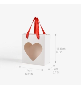 White gift box with heart window and red ribbon handles measuring 14x8x16.5cm