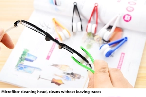 Action shot of using the microfiber eyeglass cleaning tool on lenses in various colors