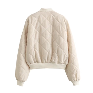 Back view of a cropped diamond-quilted bomber jacket with ribbed collar and hem in off-white