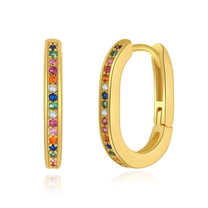 Golden U-shaped hoop earrings with rainbow zirconia stones on a white background