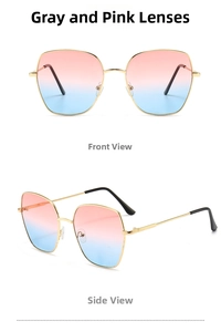 Detailsicht der großen Metall-Sonnenbrille mit rosa-blauen Verlaufsgläsern und Goldrahmen