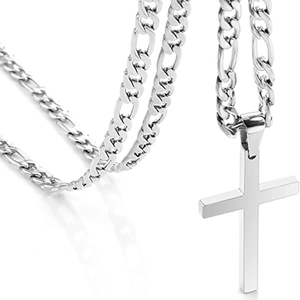 Polished silver stainless steel Cuban chain necklace with minimalist cross pendant for men