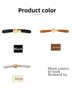 Three-color thin elastic waist belts in black, brown, and beige with gold metal buckles