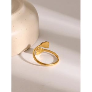 18k gold stainless steel open ring with asymmetric heart shape and diamond accents