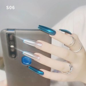 Metallic blue and silver chrome mirror aurora aurora long coffin press-on nails set
