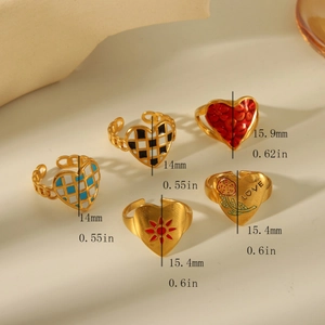 Adjustable golden stainless steel heart rings with colorful enamel patterns and floral motifs