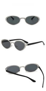 Three-view display of vintage oval sunglasses with silver textured metal frames and black temples