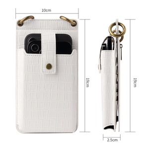White crocodile pattern crossbody phone bag with bronze hardware and size dimensions