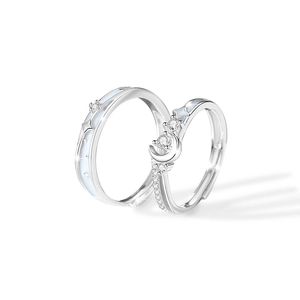 Glow-in-the-dark 925 silver star and moon couple rings with blue stones and zircons