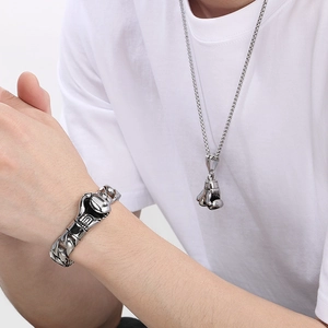 Silver stainless steel boxing glove pendant necklace and Cuban link chain bracelet set