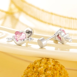 Titanium steel heart-and-arrow stud earrings with pink gemstone and screw-back closure