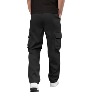 Men's loose multi-pocket cargo pants in black with a straight-leg cut seen from the back