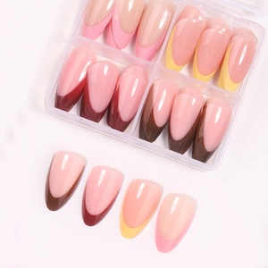 French press-on nail set in multiple colors with long almond shape in clear storage box