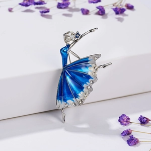 Detail of ballerina brooch with blue enamel gradient and sparkling crystal accents