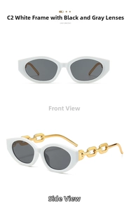 Detail of white cat-eye sunglasses with decorative gold metal chain-link temples