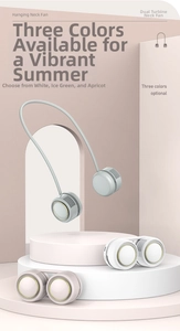 Three optional colors of portable dual turbo neck fans on minimalist display stands