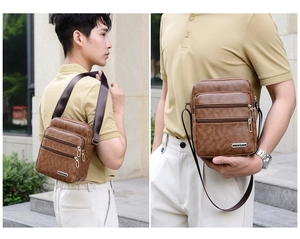 Detailed view of brown PU leather messenger bag with multiple zipper pockets and logo