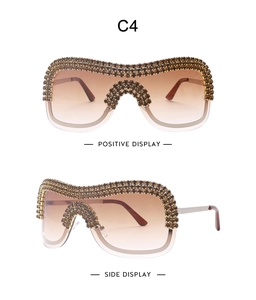 Front and side views of punk oversized sunglasses with gold rhinestones and gradient lenses