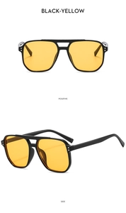 Dual view of black double-bridge aviator sunglasses with yellow lenses showing front and side