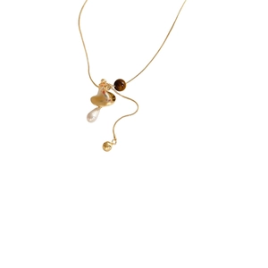 Tiger eye cross droplet necklace with irregular pearl and golden chain for women