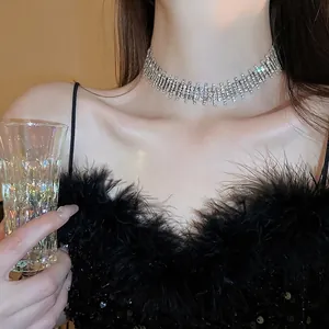 Elegant silver rhinestone fringe choker necklace for women with sparkling crystal tassels