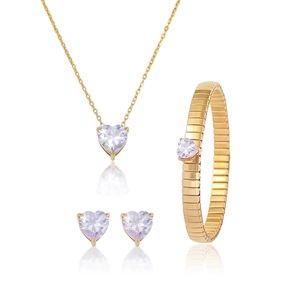 Gold heart jewelry set with purple zircon necklace, stud earrings and stretch bracelet
