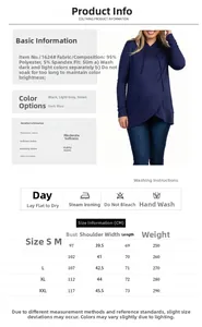 Detailed size chart and washing instructions for hooded maternity top with ruffle trim